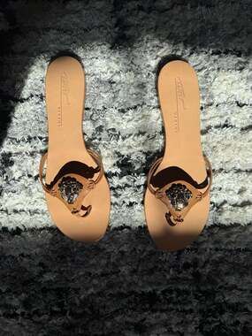 Vicini Tan Leather Crystal Embellished Thong Flat Sandals Size 41